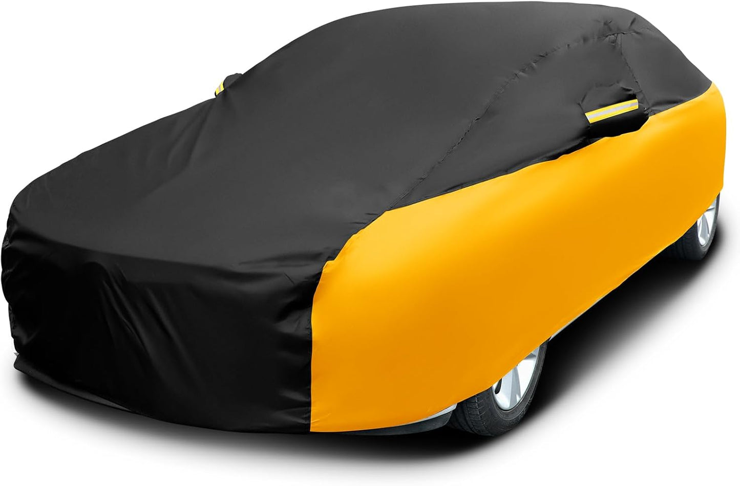 Riakrum Full Car Cover Waterproof All Weather for Automobiles Windproof Cover Rain UV Protection Sun Scratch Resistant Outdoor Universal(Fit Sedan Length (185-193'') 70'' H,Black, Orange)