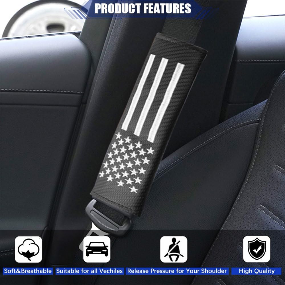 JDDRY 2PC Car Seat Belt Covers Pads,Seatbelt Strap Cover,Seat Belt Shoulder Strap Pads,Carbon Fiber Leather Car Interior Accessories(2Pack,Black-USA Flag)