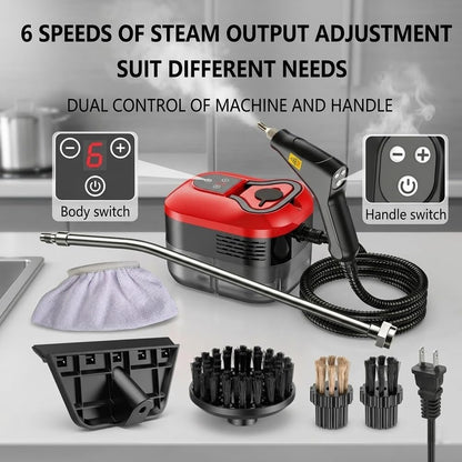 Portable Handheld Steam Cleaner: 2500W High Temperature Pressurized Steamer - Cleaning Machine with 6 levels Adjustable Steam for Multi-Surface, Kitchen, Bathroom, Furniture, Car, Windows (red)