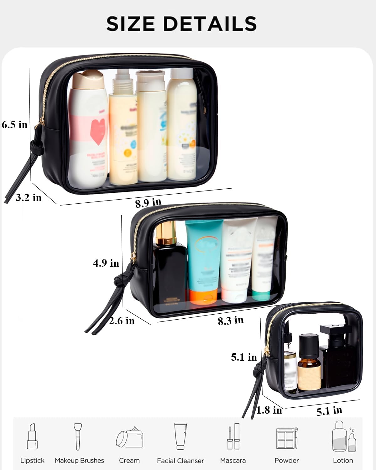 3Pcs Travel Clear Makeup Bag Set for Women, Transparent Toiletry Bag with Zipper Portable Makeup Pouch Organizer Waterproof Small Cosmetic Bag Compact Car Bag Organizer Car Accessories (White Set)