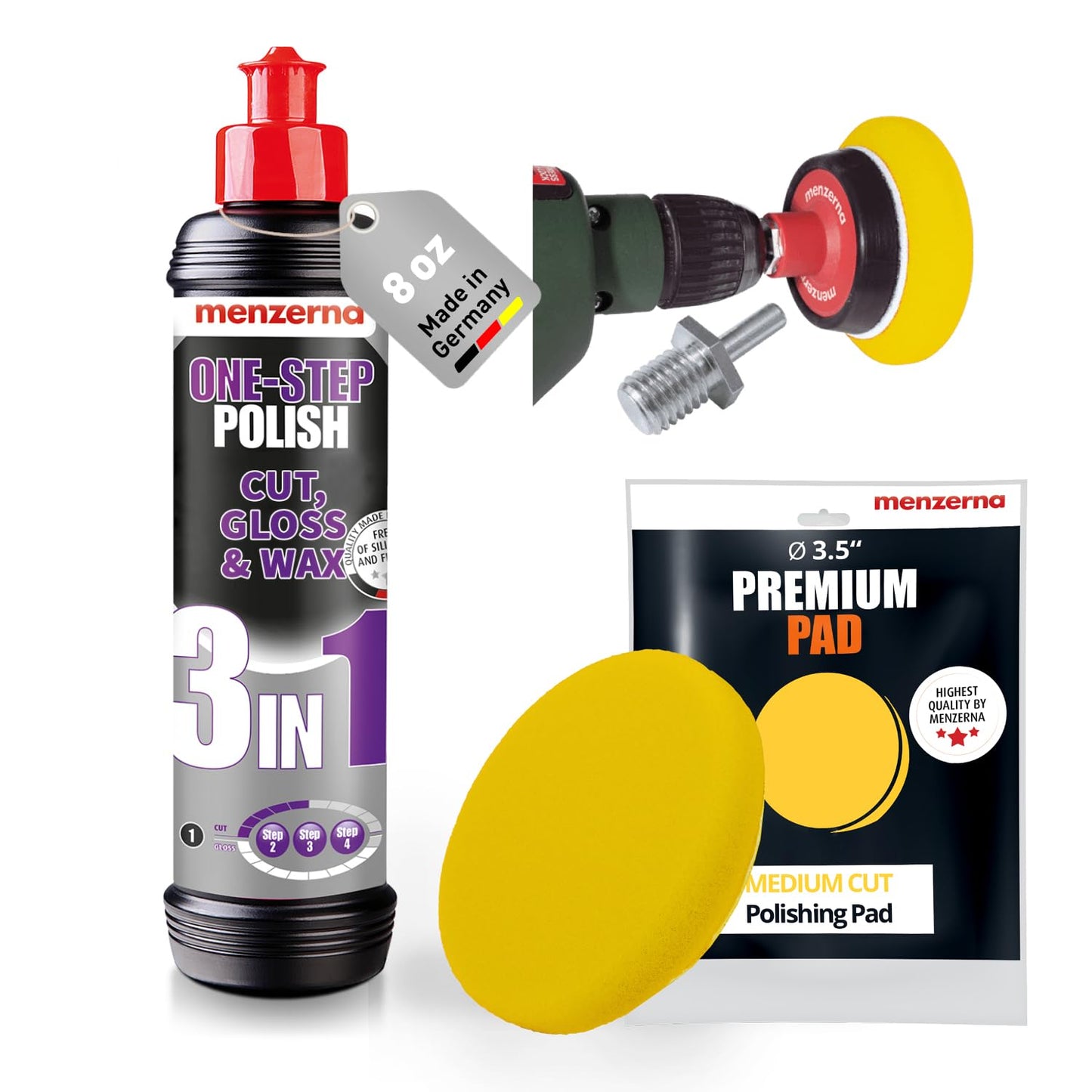 menzerna One-Step Polish 3in1 I Medium Cut Polish with High Gloss Finish & Seal in One I Buffing & Polishing Compound for Car Maintenance I Swirls, Holograms & Scratches I Car Body Repair I 8 fl oz.