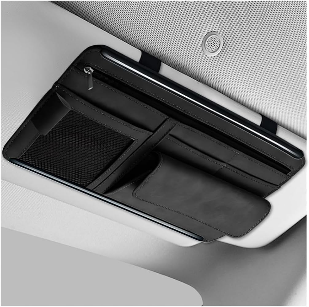 Car Sun Visor Organizer, Leather Sun Visor Pocket Organizer Case with Multi-Pocket Net Zipper, Suede Note Holder Car Visor Storage Pouch for Card Pen Sunglasses Document (Gray)