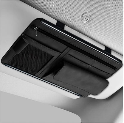 Car Sun Visor Organizer, Leather Sun Visor Pocket Organizer Case with Multi-Pocket Net Zipper, Suede Note Holder Car Visor Storage Pouch for Card Pen Sunglasses Document (Gray)