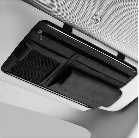 Car Sun Visor Organizer, Leather Sun Visor Pocket Organizer Case with Multi-Pocket Net Zipper, Suede Note Holder Car Visor Storage Pouch for Card Pen Sunglasses Document (Gray)
