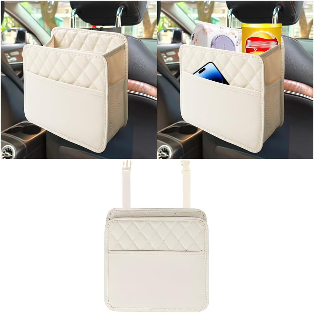 Mandark Car Seat Back Organizer, PU Leather Vehicle Backseat Hanging Storage Pocket, Multipurpose Auto Travel Essentials Accessories for Kids & Adults, Universal for Most Cars (Black)
