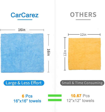 CARCAREZ Microfiber Towels for Cars, Car Drying Wash Detailing Buffing Polishing Towel with Plush Edgeless Microfiber Cloth, 450 GSM 16x16 in. Pack of 6