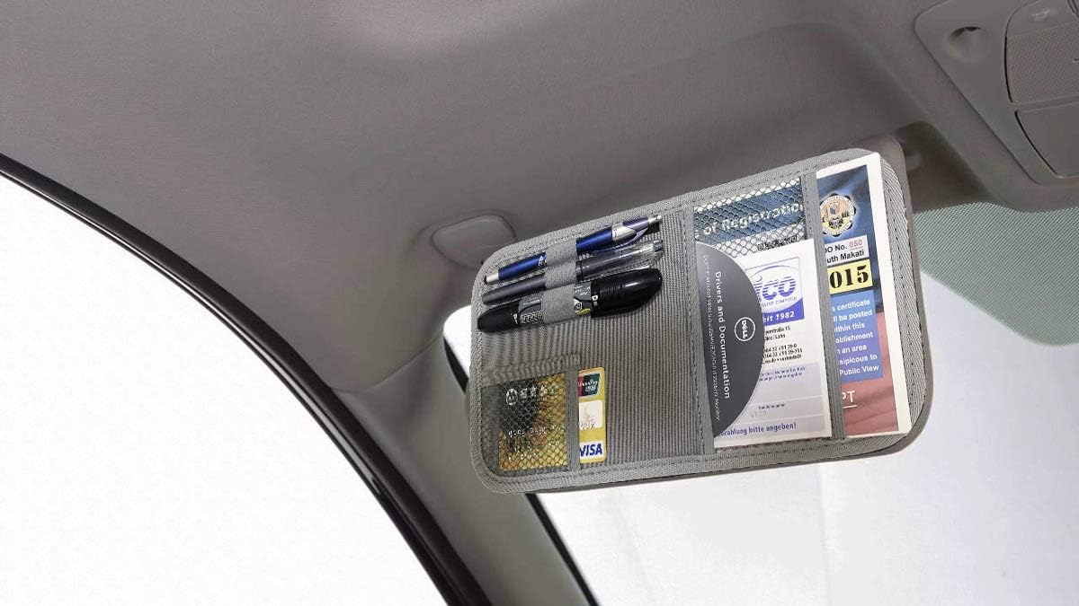 Car Sun Visor Organizer, Auto Visor Holder Interior Accessories Pocket Organizer - Car Registration Holder Document Storage Pouch Pen holder - Grey