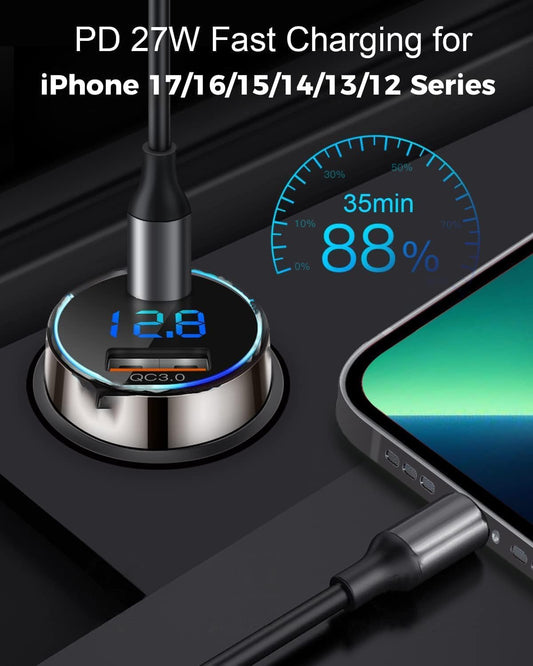 [Pure Copper] USB C Car Charger, SUPERONE 45W Dual USB Car Charger Adapter with 27W/20W PD Port, Fast QC3.0 LED Voltmeter for iPhone 17 16 15 14 Max/Pro/Plus/Mini, Pixel 9/8/7, Samsung S25/S24 More