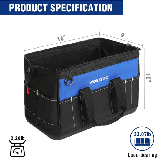 WORKPRO 16-inch Wide Mouth Tool Bag with Water Proof Molded Base | Multi-Pocket, Heavy Duty Cloth, Adjustable Shoulder Strap, Double-pull Zipper, For Workshops, Outdoor Projects