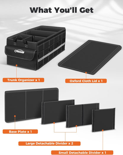 Oasser Car Trunk Organizer, 3 Compartments Collapsible Waterproof Car Organizer Storage with Foldable Cover, Reflective Strip, Non-Slip Bottom, 4 Mesh Pockets for SUV/Truck/Sedan/Camping/Road Trip