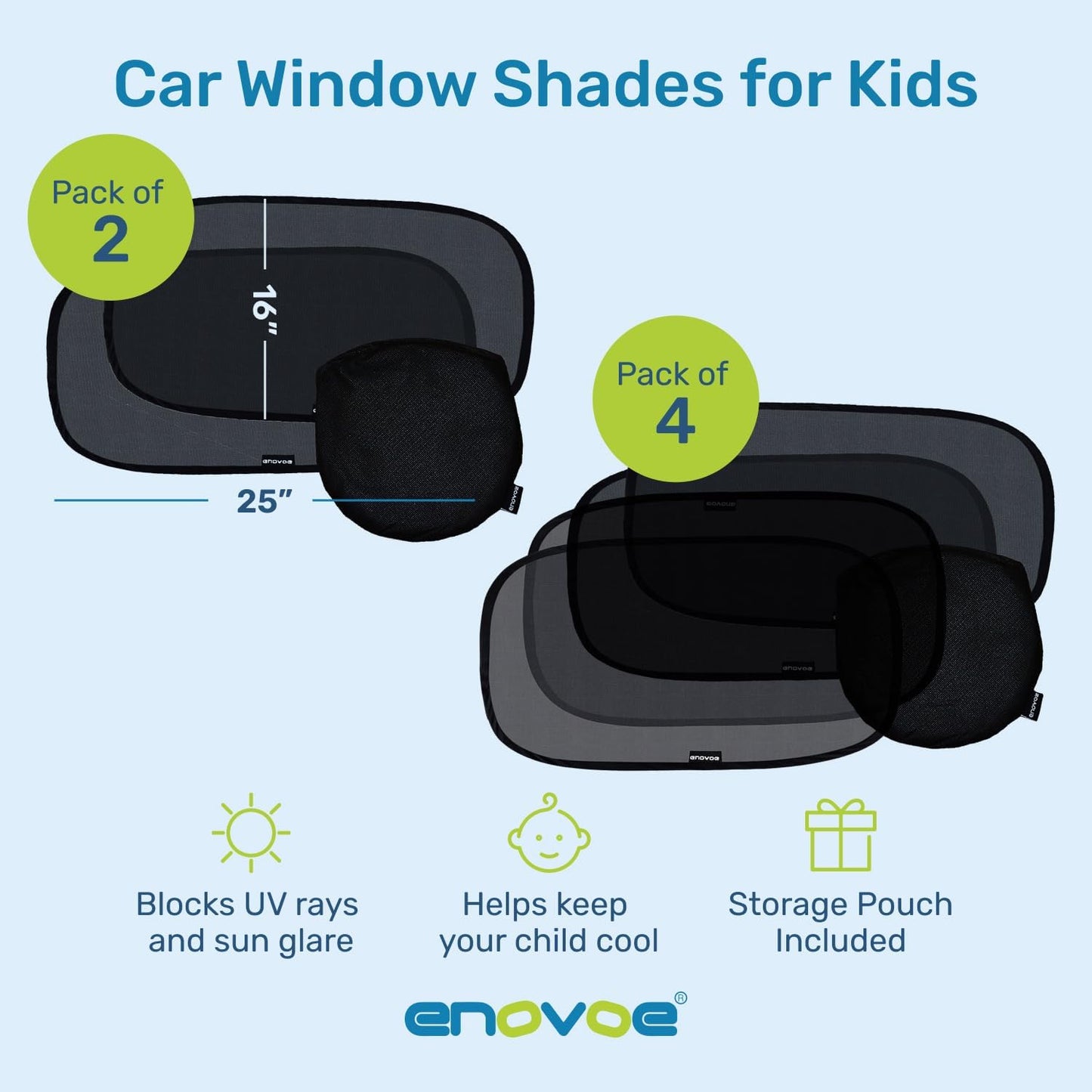 Enovoe Car Window Shades for Baby (4 Pack) - 21"x14" - Sun Shade Blocker, Cling - Glare Shield and UV Rays Protection for Your Child - Side Windows Screens for SUV- Mesh Window Shades for Car Baby