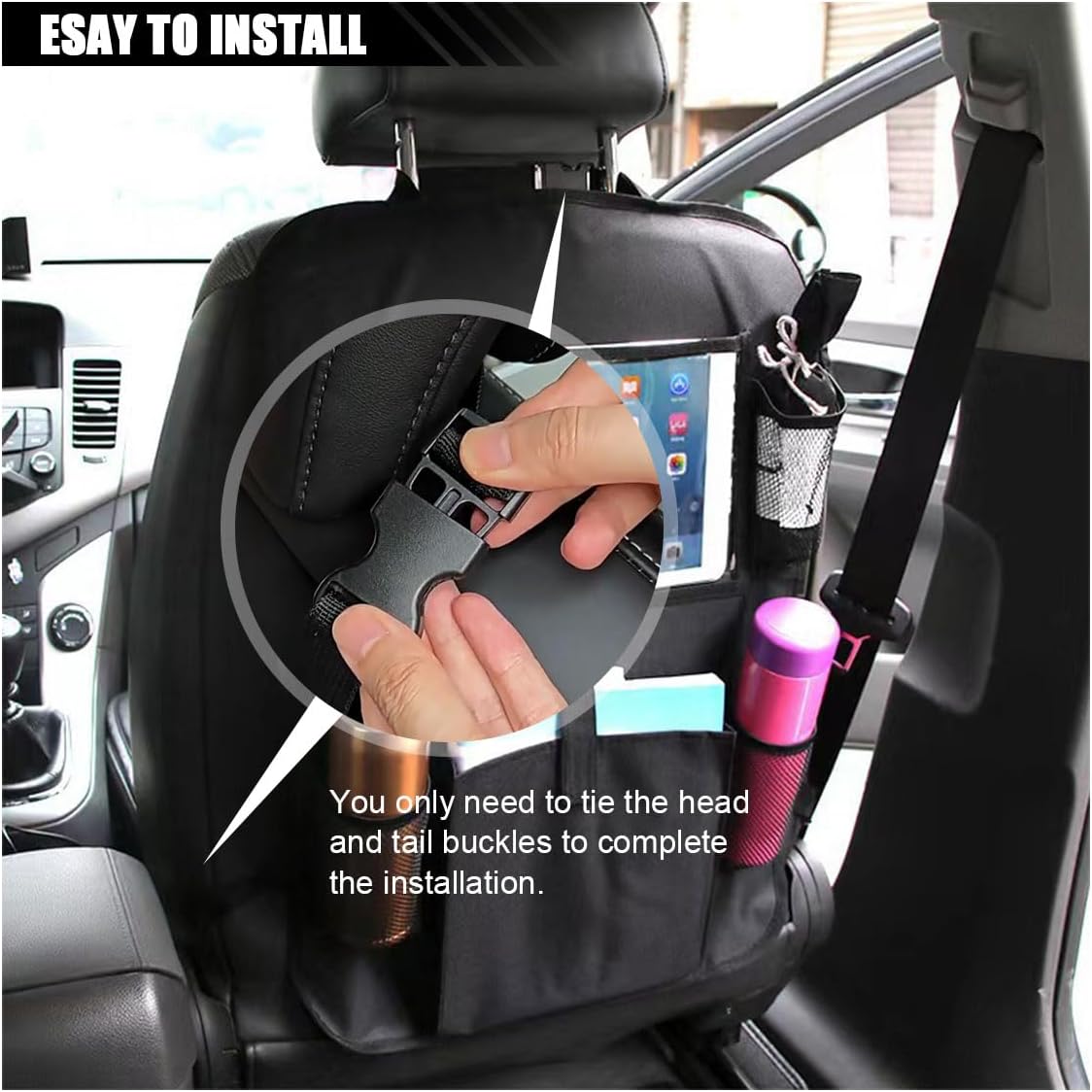 2PCS Car Backseat Organizer with Clear 10" Tablet Holder + 5 Storage Pockets - Seat Back Protector Kick Mats for Kids - Car Back Seat Storage Organizer - Road Trip Essentials Travel Accessories