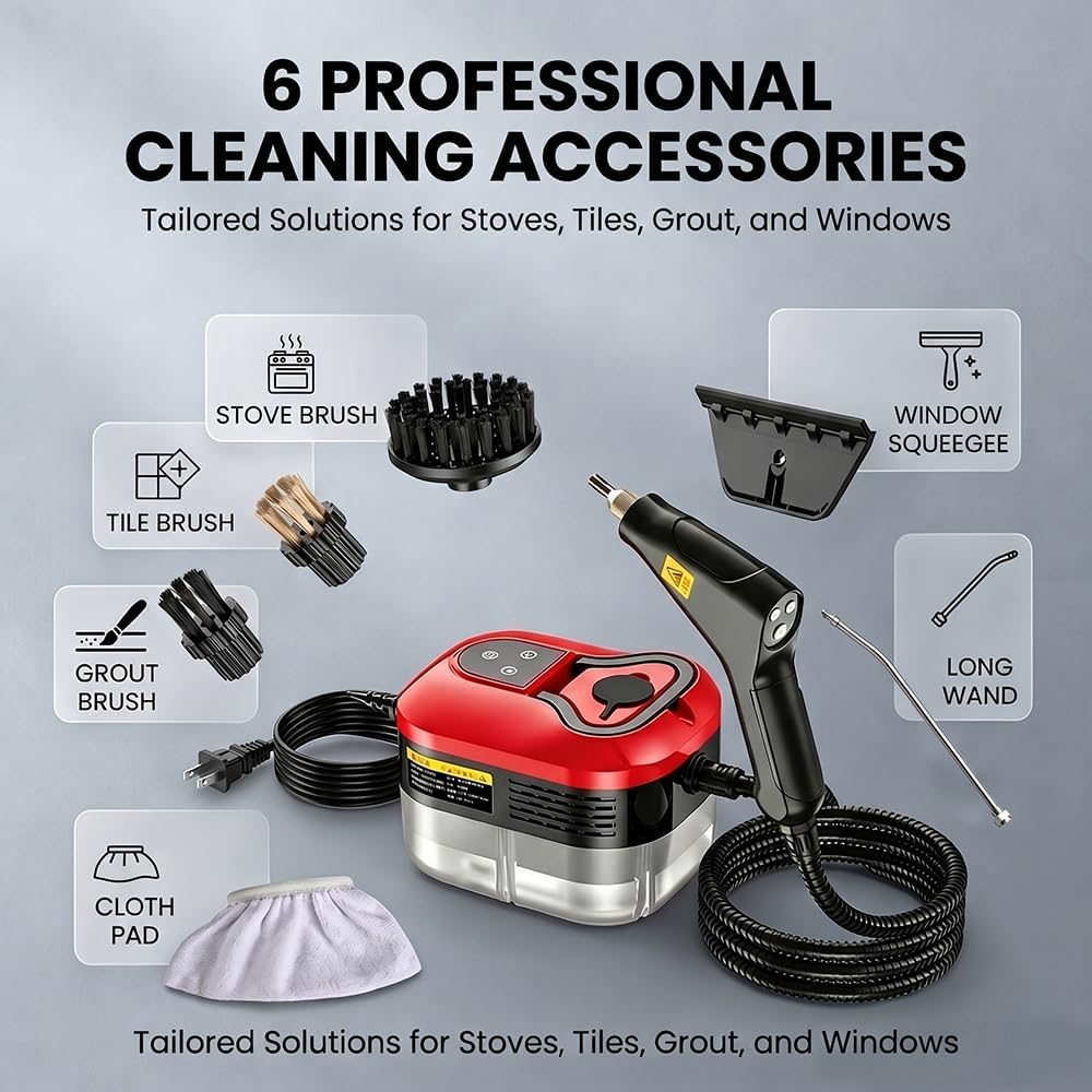 Portable Handheld Steam Cleaner: 2500W High Temperature Pressurized Steamer - Cleaning Machine with 6 levels Adjustable Steam for Multi-Surface, Kitchen, Bathroom, Furniture, Car, Windows (red)