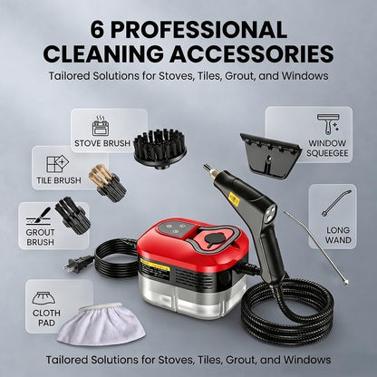 Portable Handheld Steam Cleaner: 2500W High Temperature Pressurized Steamer - Cleaning Machine with 6 levels Adjustable Steam for Multi-Surface, Kitchen, Bathroom, Furniture, Car, Windows (red)