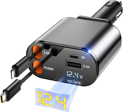 Retractable Car Charger,Car Phone Charger USB C Fast Charge,Cigarette Lighter USB Charger Car Accessories for Women,Road Trip Essentials Gift for Men,Car Charger for iPhone 17/16/15,Galaxy S26,Pixel