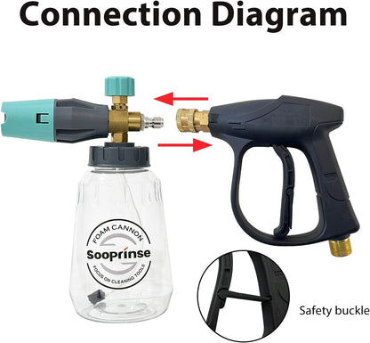 Sooprinse Short Pressure Washer Gun With Foam Cannon, High Pressure Snow Foam Lance, 1/4 Inch Quick Connector, Power Washer Blaster, Car Wash Mitt, 3000 PSI, 1 Liter