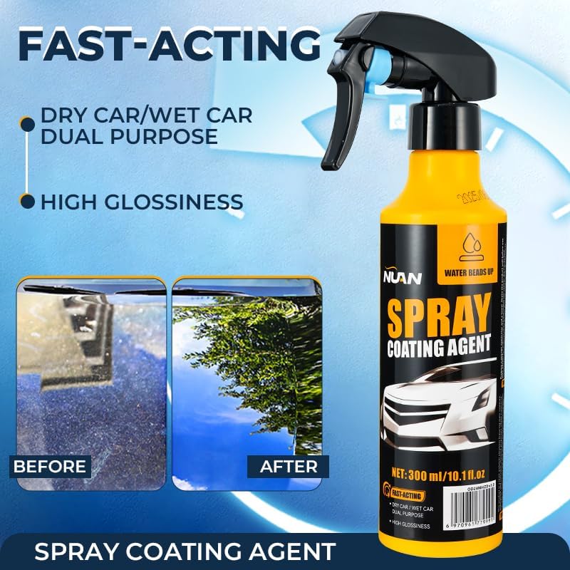 NUAN 2-Pack Nano Hydrophobic Ceramic Coating, 300ml Car Coating Spray Kit, Easy-to-Spray Auto Paint Protection, Includes Microfiber Cloth for Vehicle Shine & Protection