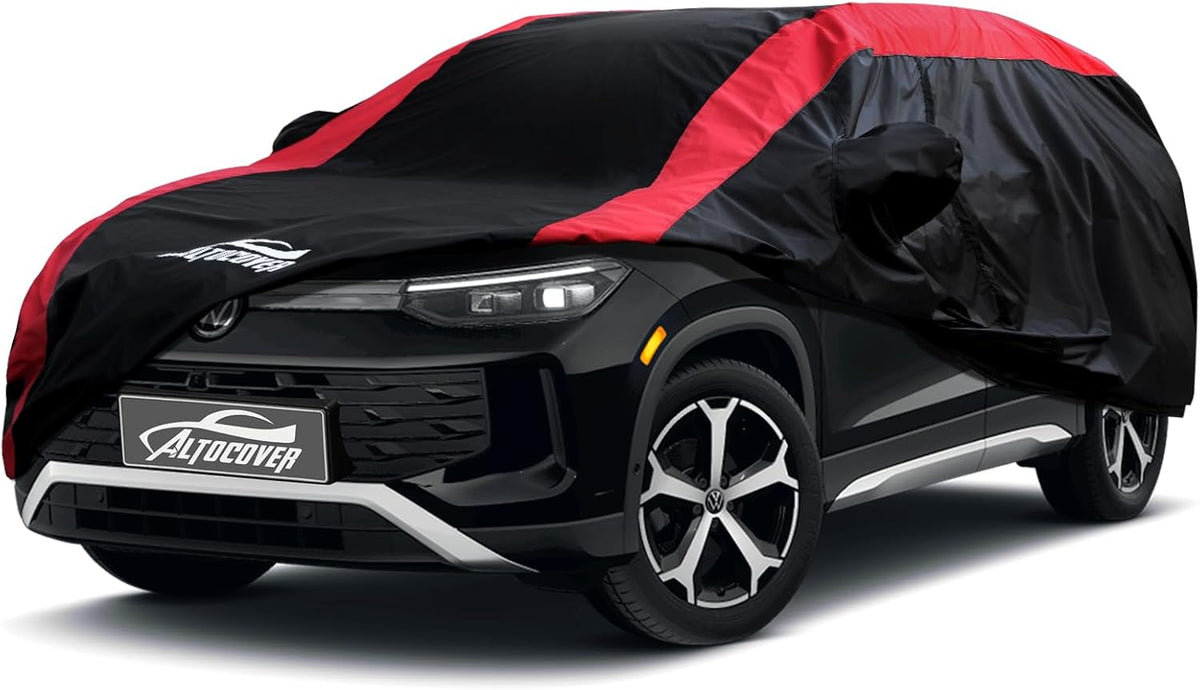 Car Cover Waterproof All Weather Protection with Red Stripe Design, Universal Fit Toyota Camry Solara, Ford Fusion, Kia Stinger Optima, Nissan Maxima, VW Passat, Subaru Legcy
