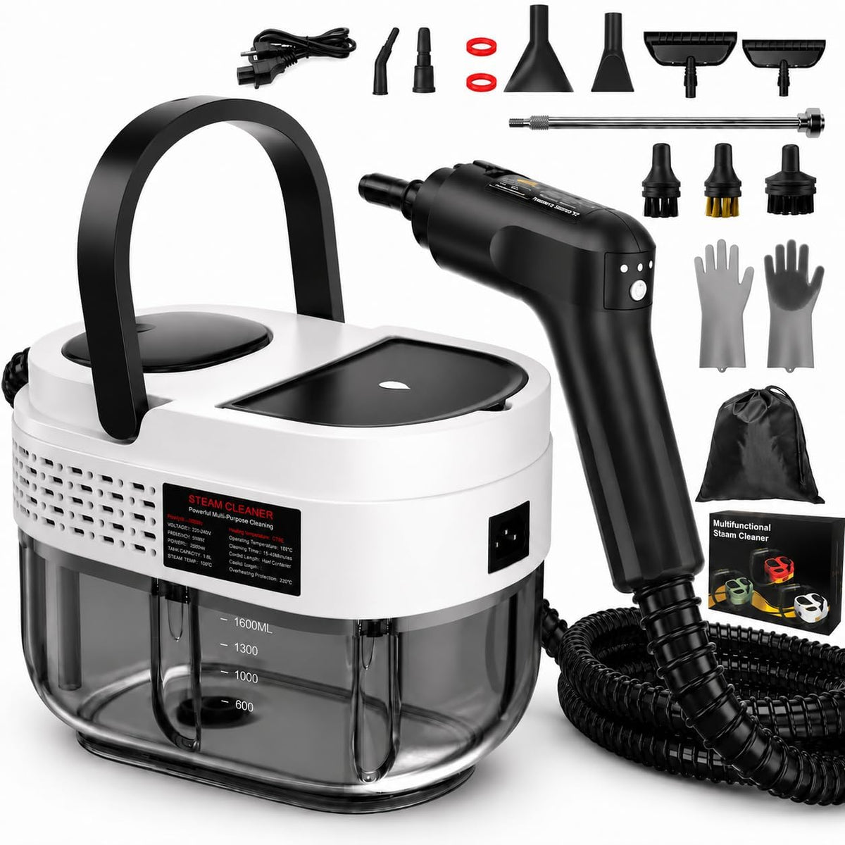 Handheld Steam Cleaner for Home, 2500W High Pressure Steam Cleaner for Car Detailing, 3 Steam Levels, 1600Ml Tank, High Heat Steamer for Bed Bugs, Couch, Furniture, Kitchen, Bathroom, Floors