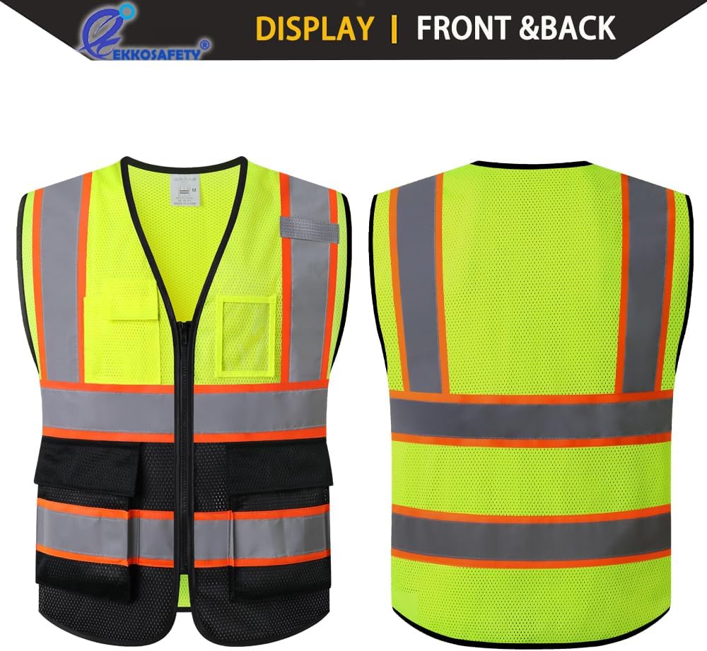Reflective Mesh Safety Vest for Men Women with 5 Pockets and Zipper Front High Visibility Mesh Vest Hi Vis Construction Work Vest,Meets ANSI/ISEA Standards(EK175-Yellow-L)