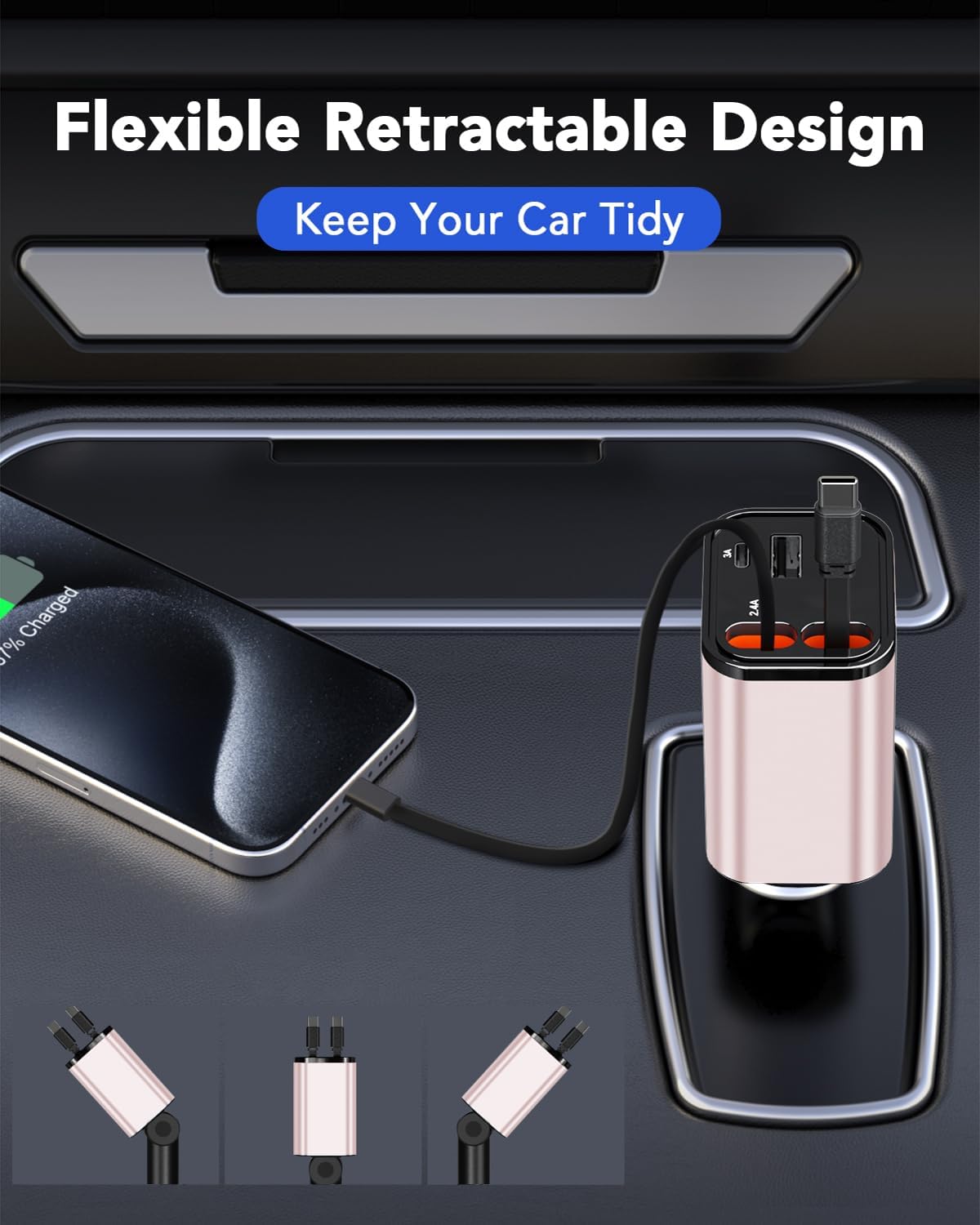 Retractable Car Charger,Car Phone Charger USB C Fast Charge,Cigarette Lighter USB Charger Car Accessories for Women,Road Trip Essentials Gift for Men,Car Charger for iPhone 17/16/15,Galaxy S26,Pixel