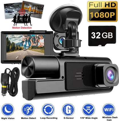 1080P Dual Dash Camera for Car Front and Inside Dashcam Car Security Video Recorder,170°Wide Angle Vehicle Cam,WDR,G-Sensor,2’’ IPS Screen,Loop Recording,Night Vision (Dual Dash Cam Without Card)