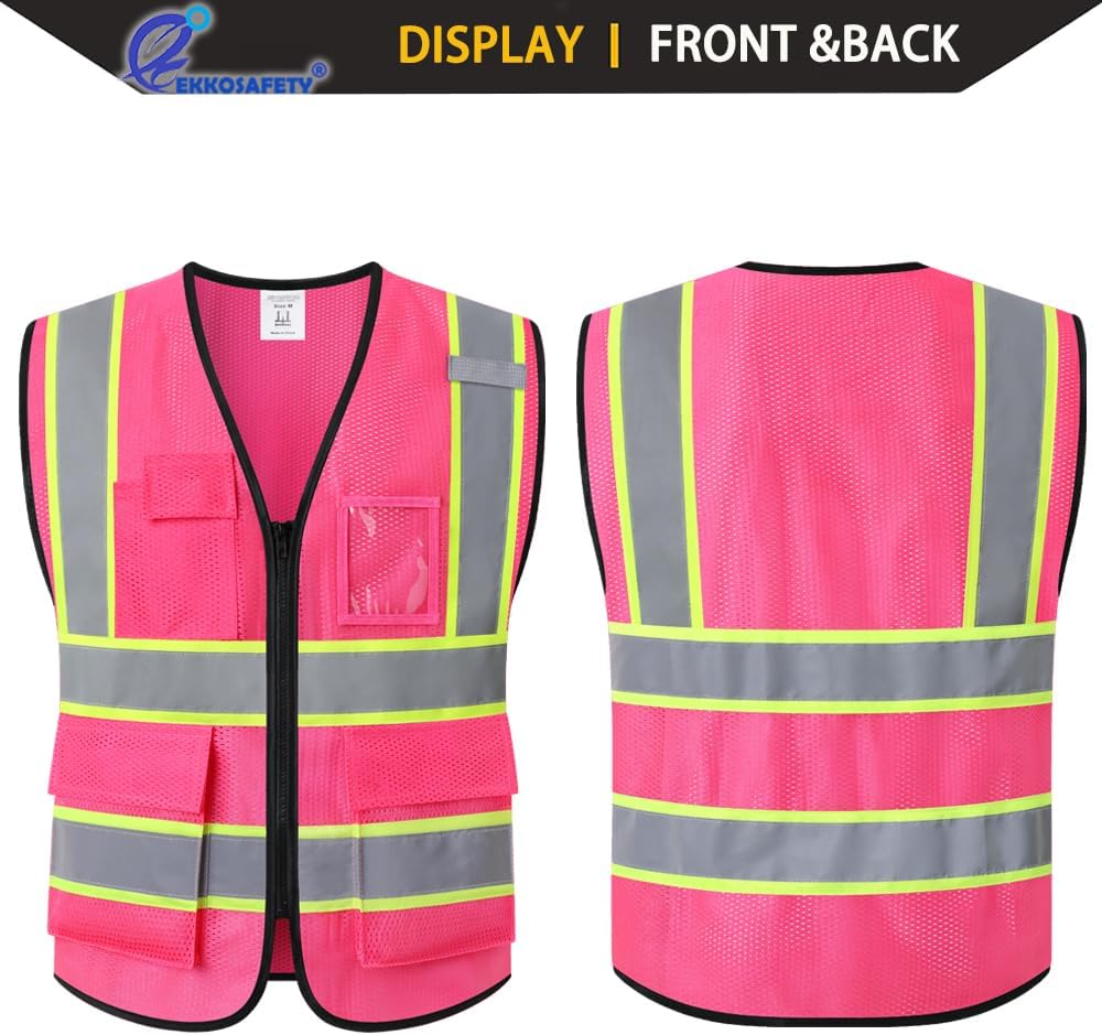 Reflective Mesh Safety Vest for Men Women with 5 Pockets and Zipper Front High Visibility Mesh Vest Hi Vis Construction Work Vest,Meets ANSI/ISEA Standards(EK175-Yellow-L)