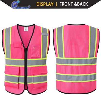 Reflective Mesh Safety Vest for Men Women with 5 Pockets and Zipper Front High Visibility Mesh Vest Hi Vis Construction Work Vest,Meets ANSI/ISEA Standards(EK175-Yellow-L)