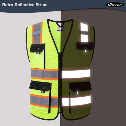 JKSafety Hi Vis Reflective Safety Vests for Men Women High Visibility Vest with Pockets Mesh Fabric Construction Safety Apparel Neon Vest for Work (220-Black L)