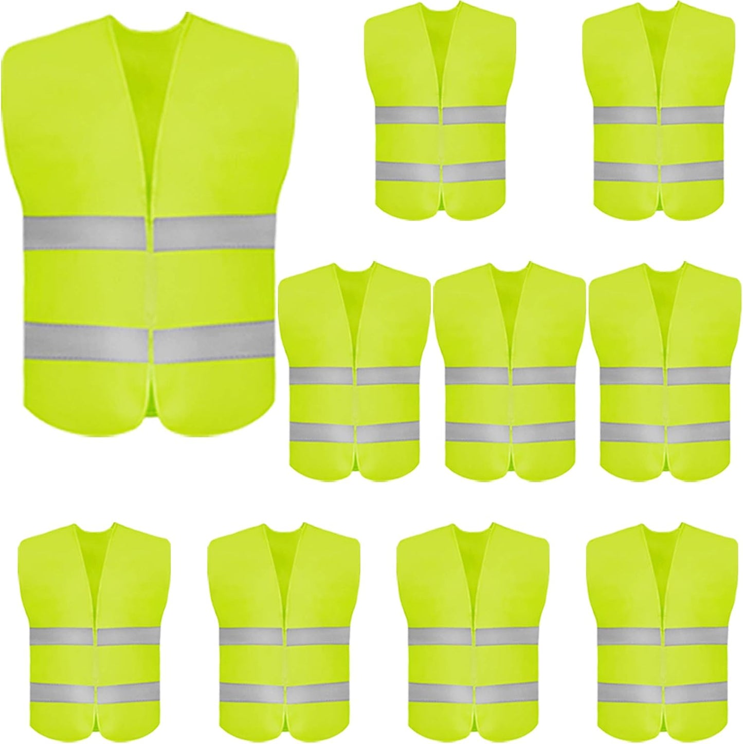 DUSKCOVE 10 Pack High Visibility Safety Vest for Traffic Work, Running, Surveyor and Security Guard - Construction Vest with 2 Reflective Strips, Made from Breathable and Neon Yellow Mesh Fabric