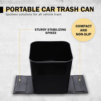 Car Trash Can with Stability Wings – Leakproof Portable Garbage Bin for Fabric & Rubber Mats – Compact Durable Plastic Auto Organizer for Cars, SUVs, Trucks (Black, Large)
