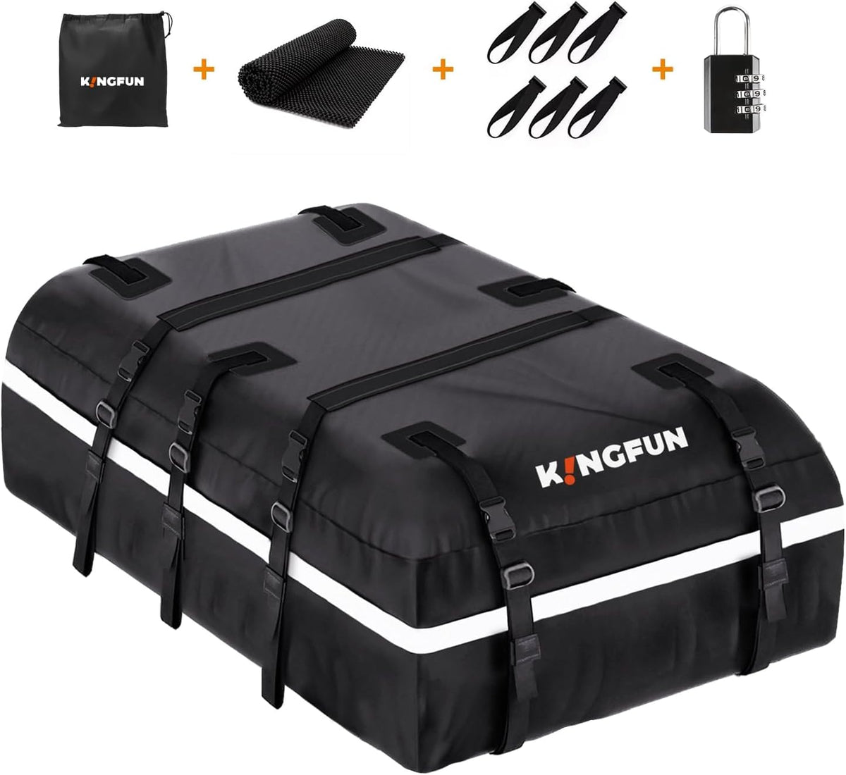 Kingfun Car Rooftop Cargo Carrier – Waterproof 20 Cubic Feet Car Roof Bag Fit All Vehicles with/Without Roof Racks, Includes Anti-Slip Mat, 8 Reinforced Straps & 6 Door Hooks, Luggage Locks（Black）