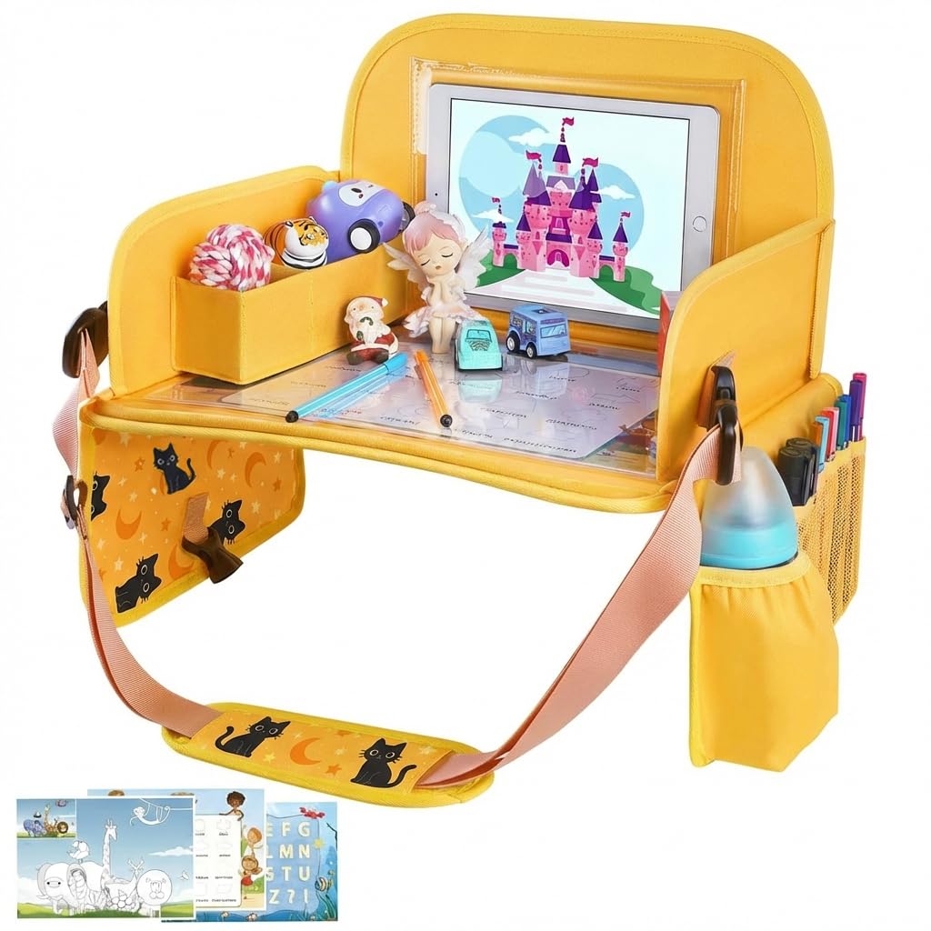 MENZOKE Kids Travel Tray for Toddler Car Seat, Road Trip Activities for Kids with iPad Holder Stand & Dry Erase Board, Road Trip Essentials Accessories Lap Tray as Travel Gifts for Kid, Pink
