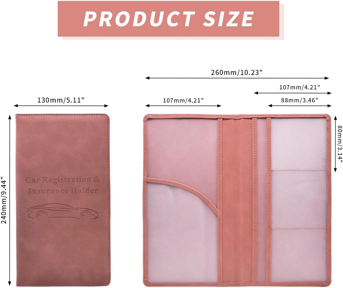 Car Registration and Insurance Card Holder - Vehicle Glove Box Document Organizer - Premium PU Leather Wallet Case - Driver License - Pink