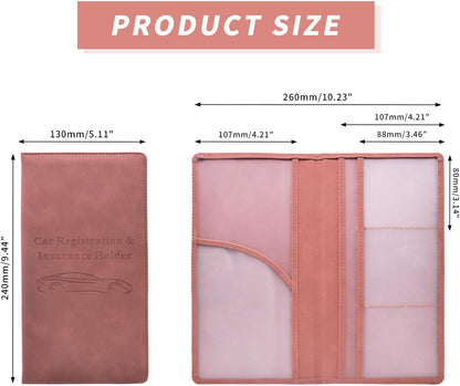 Car Registration and Insurance Card Holder - Vehicle Glove Box Document Organizer - Premium PU Leather Wallet Case - Driver License - Pink