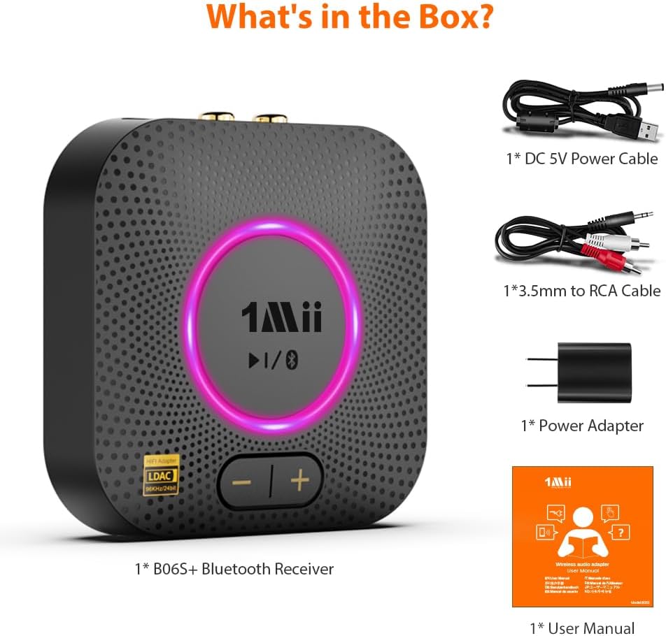 1Mii B06+ Bluetooth Receiver, Hi-Fi Wireless Audio Adapter, Bluetooth 5.3 Receiver with 3D Surround aptX HD aptX Low Latency for Home Music Streaming Stereo System