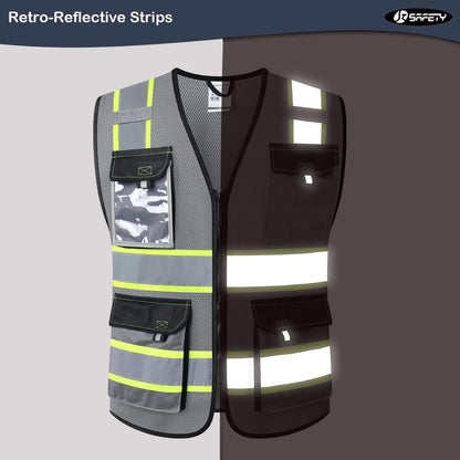 JKSafety Hi Vis Reflective Safety Vests for Men Women High Visibility Vest with Pockets Mesh Fabric Construction Safety Apparel Neon Vest for Work (220-Black L)