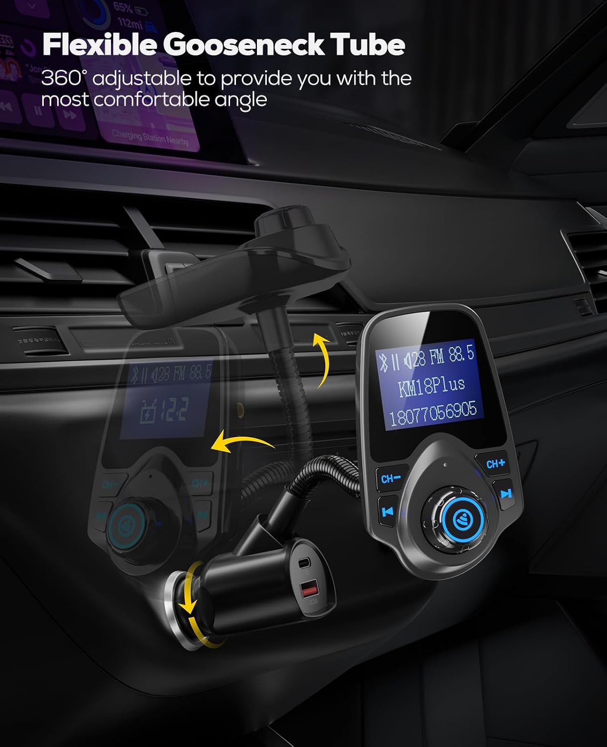 Nulaxy KM18 Plus Bluetooth 5.4 Car Adapter with 48W Fast Charging PD 30W & QC3.0 18W, 1.44" Screen Wireless Radio FM Transmitter with Flexible Gooseneck, Supports Hands-Free Call, TF Card & AUX, Black
