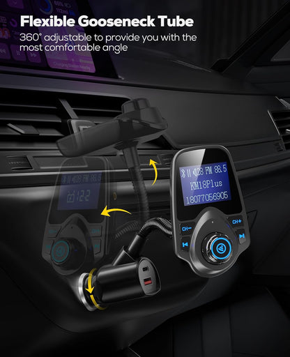 Nulaxy KM18 Plus Bluetooth 5.4 Car Adapter with 48W Fast Charging PD 30W & QC3.0 18W, 1.44" Screen Wireless Radio FM Transmitter with Flexible Gooseneck, Supports Hands-Free Call, TF Card & AUX, Black