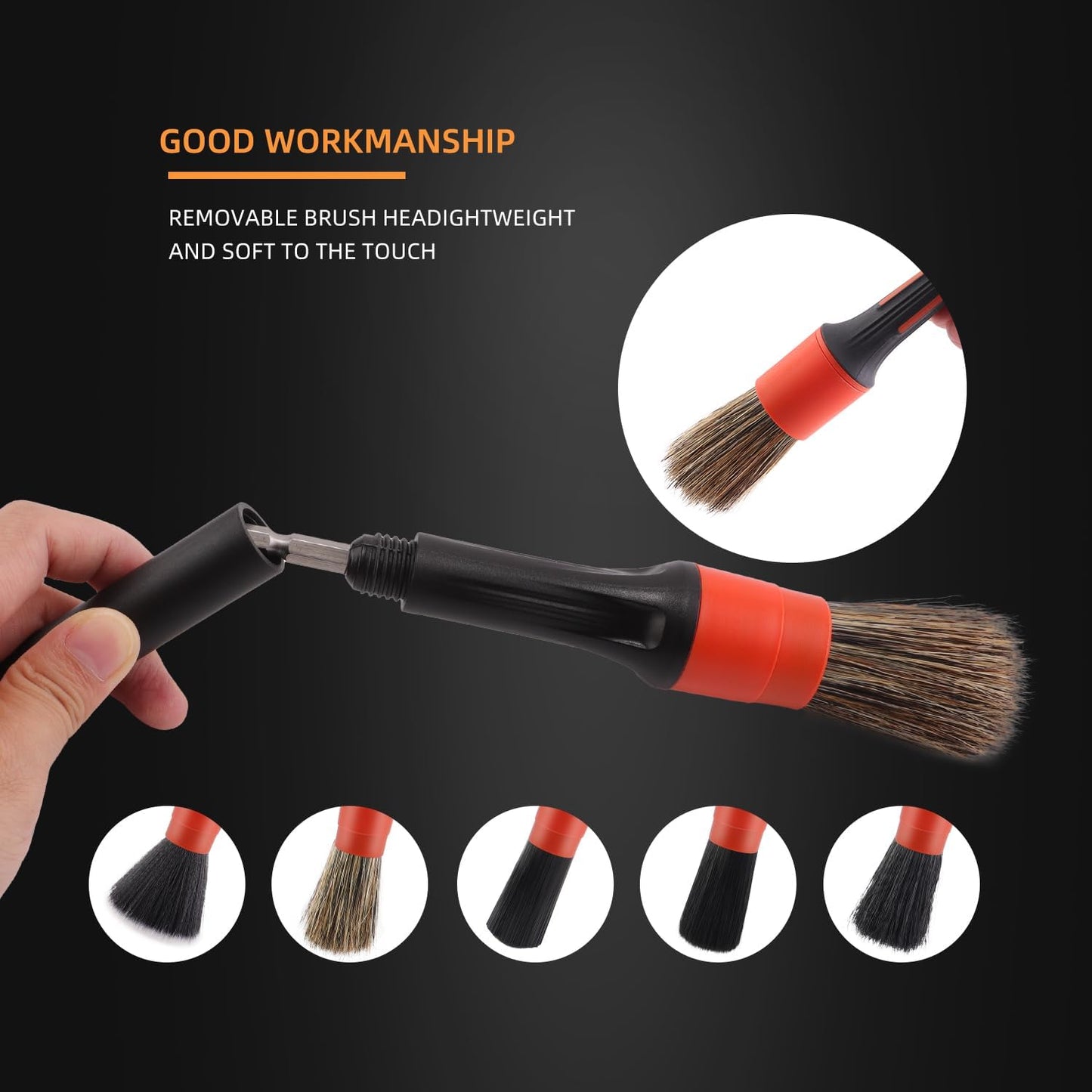 SPTA Car Detailing Brush Set, 5 Pack Soft Boar Hair Auto Detail Brush Kit with Elbow for Automotive Elegant Surface Interior Exterior Dashboard Emblems Panels Engine Bay Wheels Air Vent Seat Leather