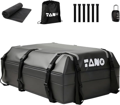 TANX Car Roof Bag - 21 Cubic Feet Rooftop Cargo Carrier, 100% Waterproof for All Cars with/Without Roof Rack, Includes Anti-Slip Mat, 12 Reinforced Straps, 6 Door Hooks, Luggage Lock & Storage Bag