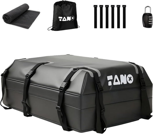 TANX Car Roof Bag - 21 Cubic Feet Rooftop Cargo Carrier, 100% Waterproof for All Cars with/Without Roof Rack, Includes Anti-Slip Mat, 12 Reinforced Straps, 6 Door Hooks, Luggage Lock & Storage Bag