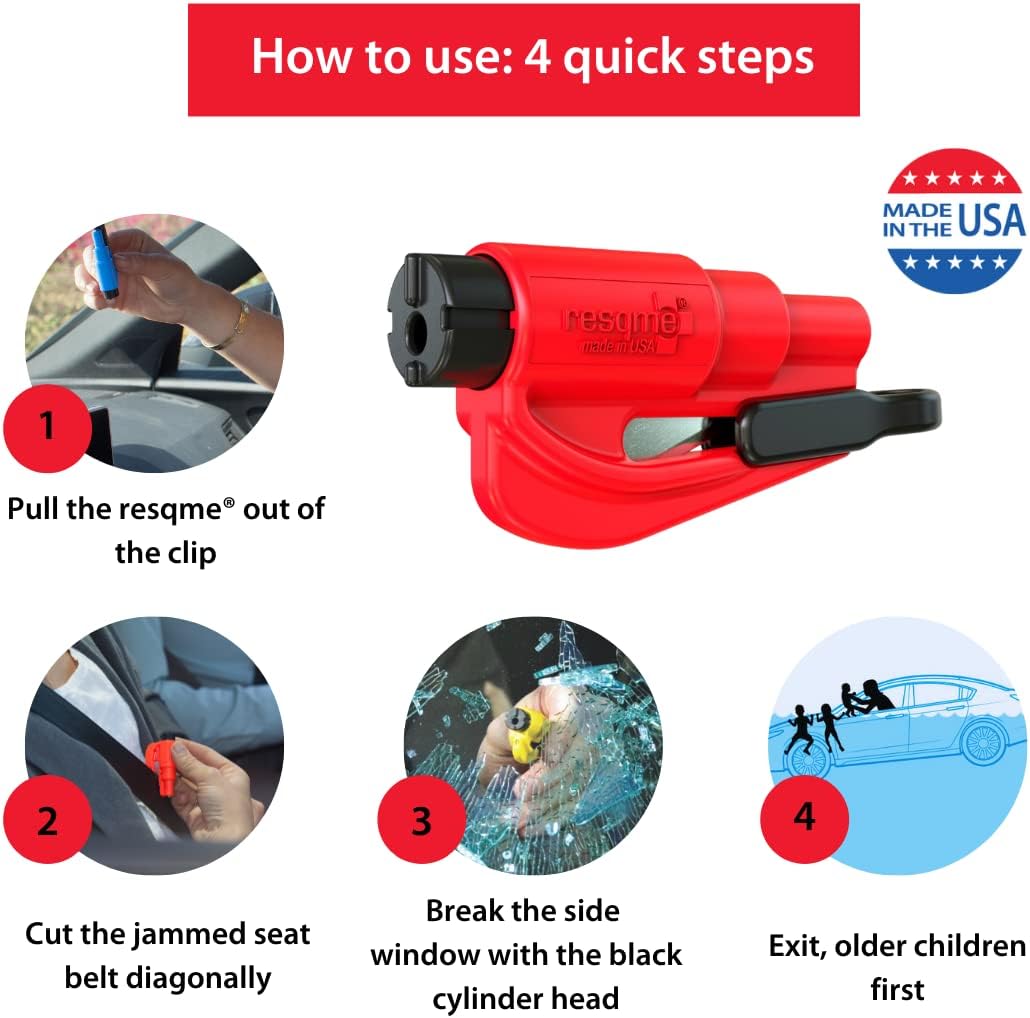 resqme The Original Emergency Keychain Car Escape Tool, 2-in-1 Seatbelt Cutter and Window Breaker, Made in USA, Yellow - Compact Emergency Hammer