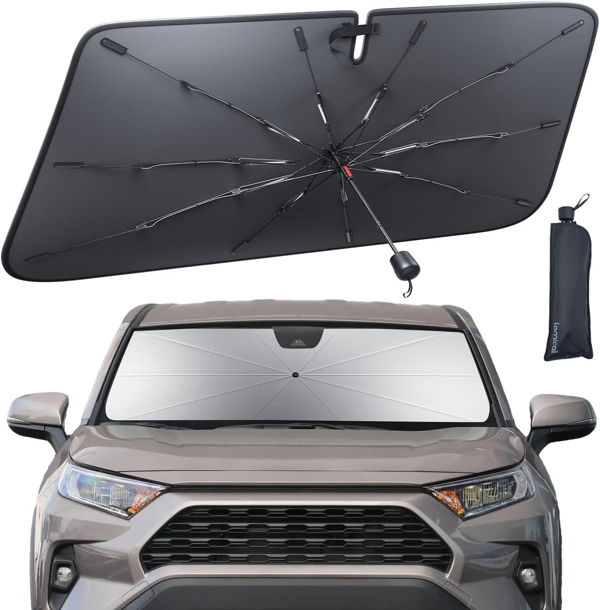 Lamicall Car Windshield Sunshade Umbrella - Foldable Car Windshield Sun Shade Cover, 5 Layers UV Block Coating, 52"x31" Front Window Heat Insulation Protection, for Auto Sedan, SUV Windshield