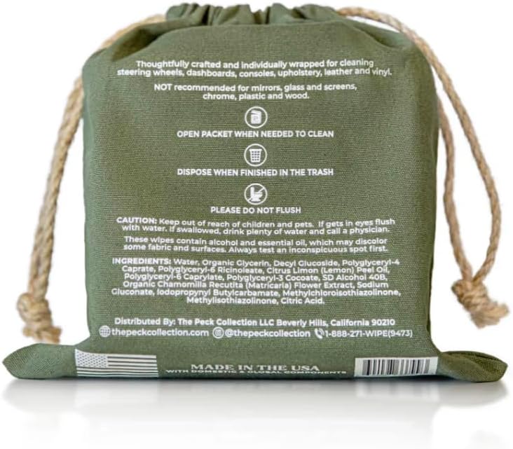 99% Naturally Derived Interior Auto Wipes – 20 Individually Wrapped Extra Large 8” x 9” for Leather, Vinyl and Dash – Made in USA with Domestic and Global Components