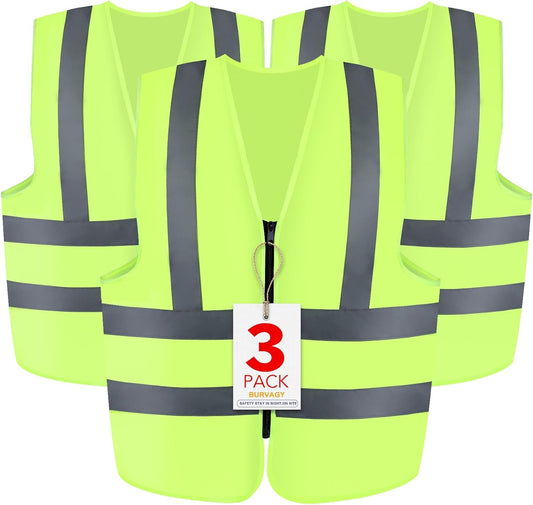 BURVAGY 3-Pack Reflective Safety Vest For Women Men - High-Visibility Safety Vest with 2in Reflective Strips for Emergency, Construction, and Safety Use (Green XX-Large)