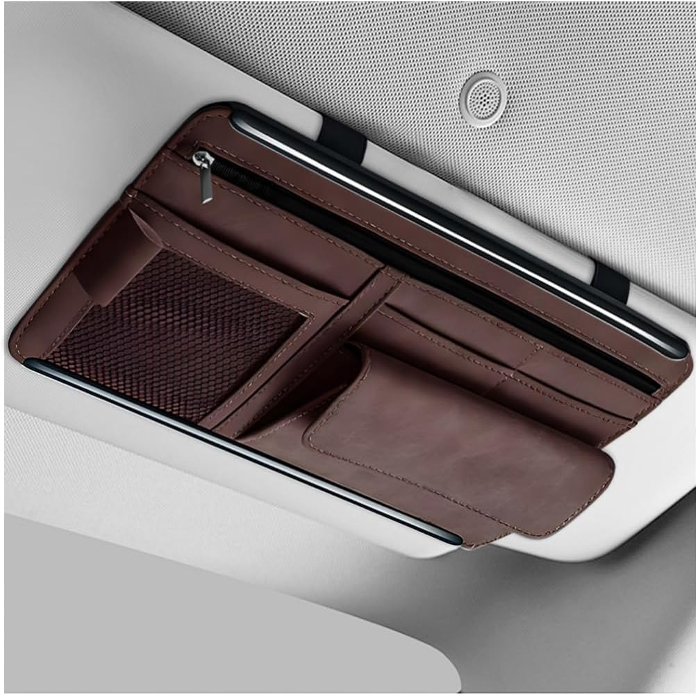Car Sun Visor Organizer, Leather Sun Visor Pocket Organizer Case with Multi-Pocket Net Zipper, Suede Note Holder Car Visor Storage Pouch for Card Pen Sunglasses Document (Gray)