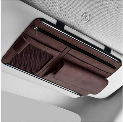 Car Sun Visor Organizer, Leather Sun Visor Pocket Organizer Case with Multi-Pocket Net Zipper, Suede Note Holder Car Visor Storage Pouch for Card Pen Sunglasses Document (Gray)