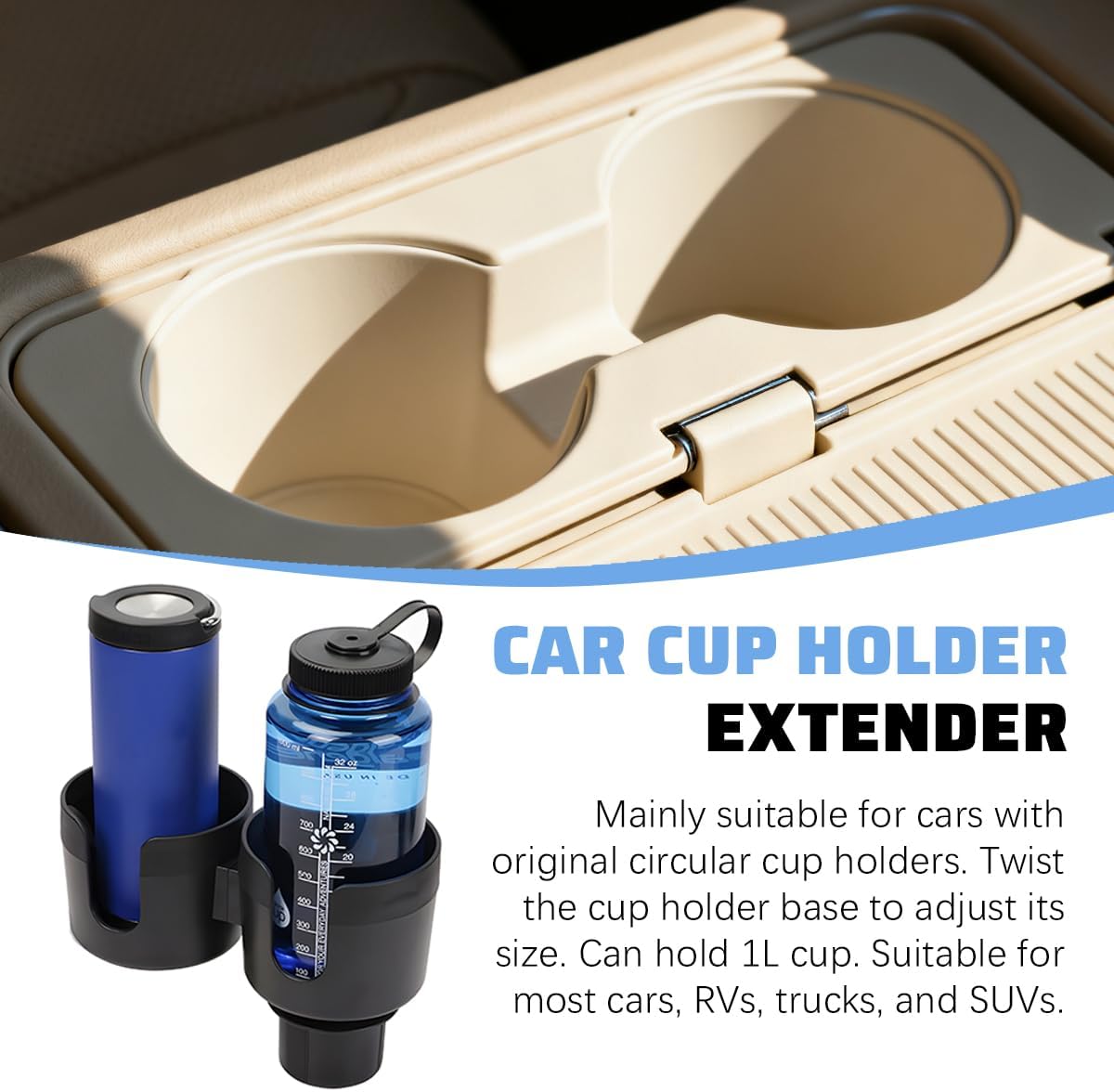 Car Double Cup Holder Expander, 2 in 1 Multifunctional Vehicle Cup Holder Adapter with Adjustable Base, Auto Drink Bottles Extender Organizer, Universal for SUV Automobile Truck (Gray)