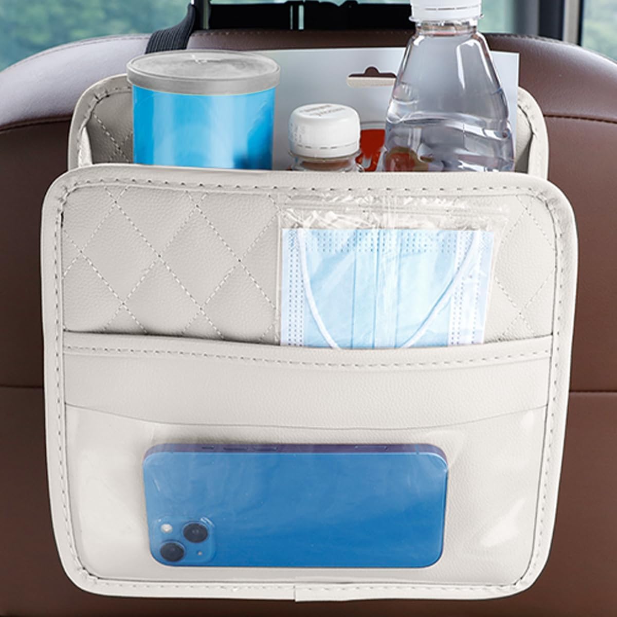 Mandark Car Seat Back Organizer, PU Leather Vehicle Backseat Hanging Storage Pocket, Multipurpose Auto Travel Essentials Accessories for Kids & Adults, Universal for Most Cars (Black)